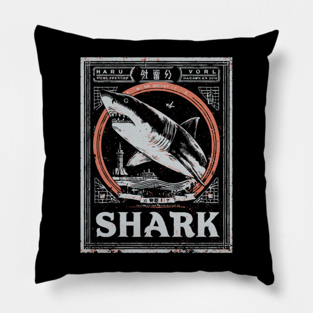 Shark Poster Art in Vintage Ocean Survival Style Pillow by TuncGK