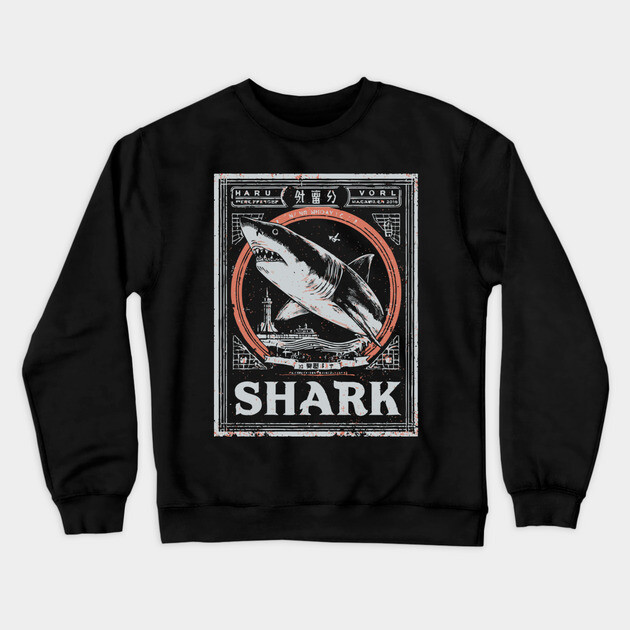 Shark Poster Art in Vintage Ocean Survival Style Crewneck Sweatshirt by TuncGK