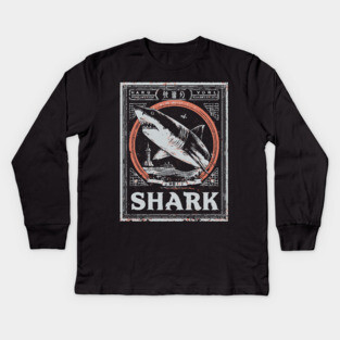 Shark Poster Art in Vintage Ocean Survival Style Kids Long Sleeve T-Shirt