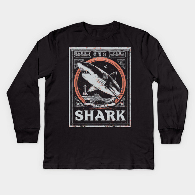 Shark Poster Art in Vintage Ocean Survival Style Kids Long Sleeve T-Shirt by TuncGK