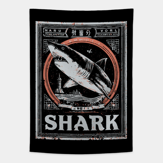 Shark Poster Art in Vintage Ocean Survival Style Tapestry by TuncGK