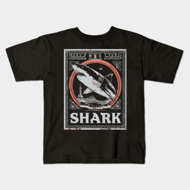 Shark Poster Art in Vintage Ocean Survival Style Kids T-Shirt by TuncGK