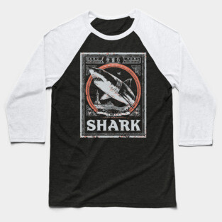 Shark Poster Art in Vintage Ocean Survival Style Baseball T-Shirt