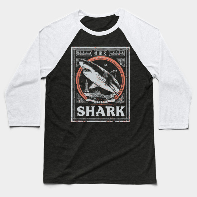 Shark Poster Art in Vintage Ocean Survival Style Baseball T-Shirt by TuncGK