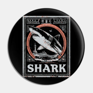 Shark Poster Art in Vintage Ocean Survival Style Pin