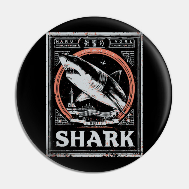 Shark Poster Art in Vintage Ocean Survival Style Pin by TuncGK