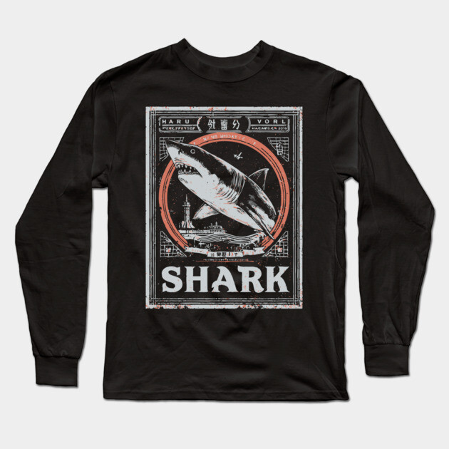 Shark Poster Art in Vintage Ocean Survival Style Long Sleeve T-Shirt by TuncGK