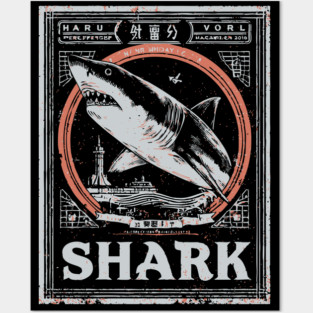 Shark Poster Art in Vintage Ocean Survival Style Posters and Art