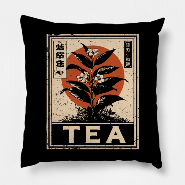 Tea Plant Botanical Poster in Vintage Apothecary Style Pillow by TuncGK