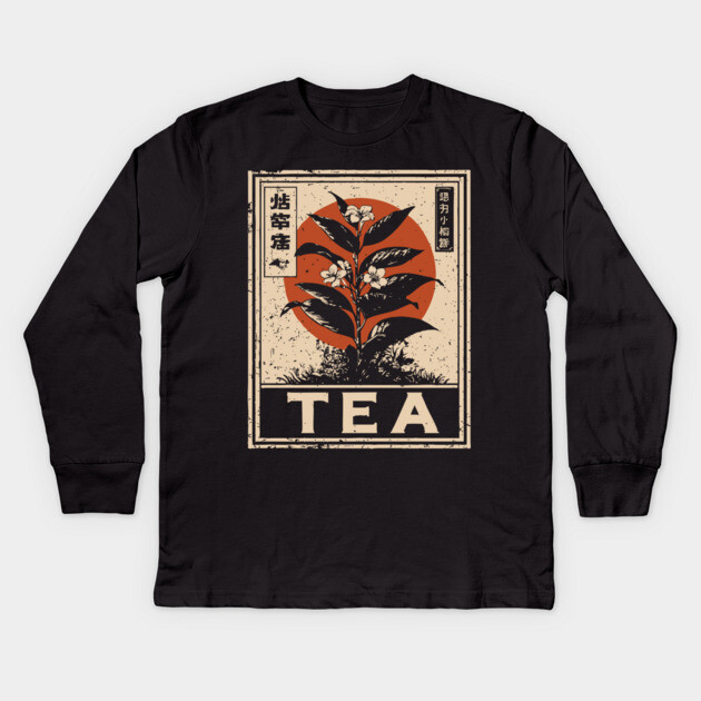 Tea Plant Botanical Poster in Vintage Apothecary Style Kids Long Sleeve T-Shirt by TuncGK
