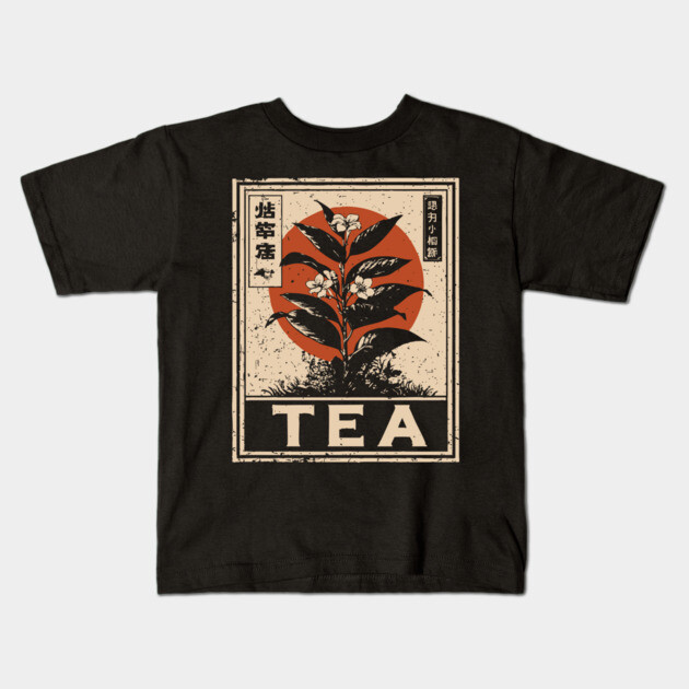 Tea Plant Botanical Poster in Vintage Apothecary Style Kids T-Shirt by TuncGK