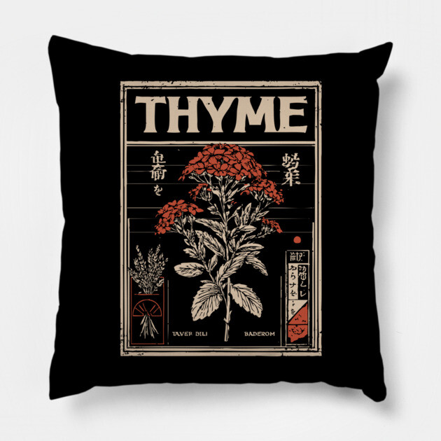Thyme Plant Botanical Poster with Vintage Herbal Aesthetic Pillow by TuncGK