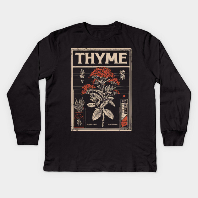 Thyme Plant Botanical Poster with Vintage Herbal Aesthetic Kids Long Sleeve T-Shirt by TuncGK