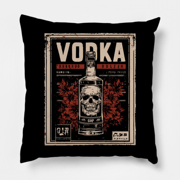 Vodka Skull Poster with Dark Vintage Bar Art Style Pillow by TuncGK
