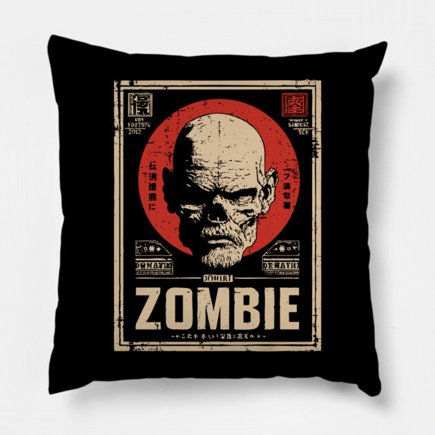 Zombie Head Poster in Vintage Horror Propaganda Style Pillow by TuncGK