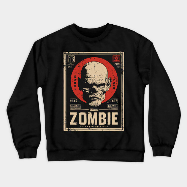 Zombie Head Poster in Vintage Horror Propaganda Style Crewneck Sweatshirt by TuncGK