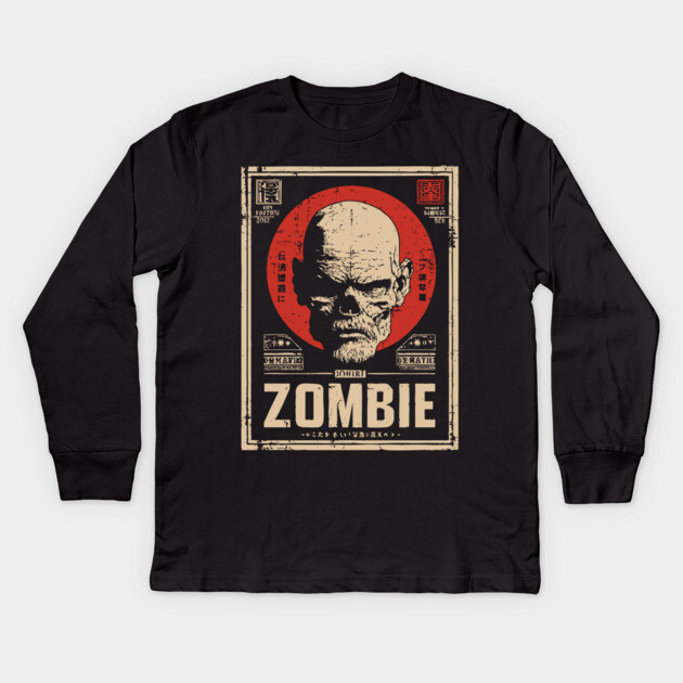 Zombie Head Poster in Vintage Horror Propaganda Style Kids Long Sleeve T-Shirt by TuncGK