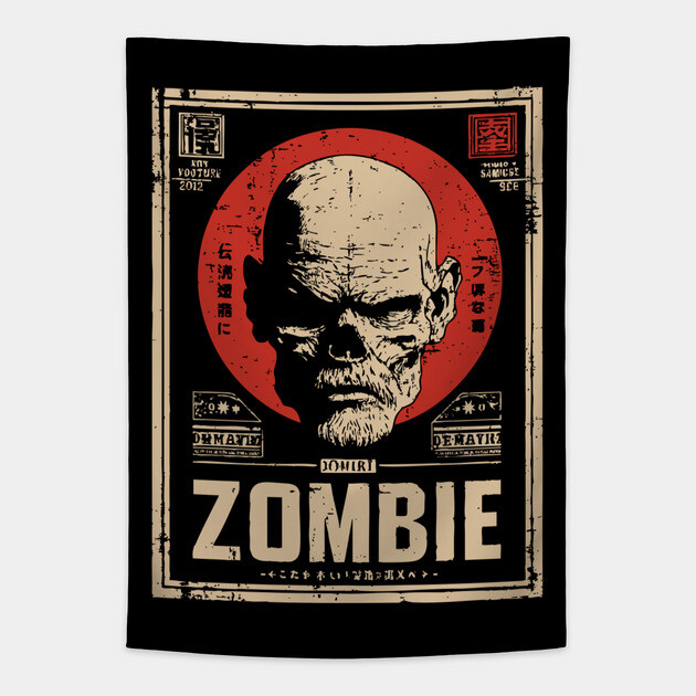 Zombie Head Poster in Vintage Horror Propaganda Style Tapestry by TuncGK