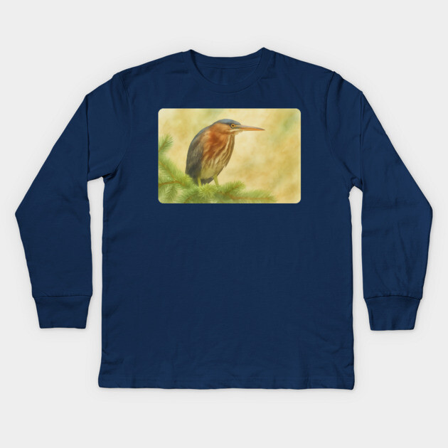 Green Heron Kids Long Sleeve T-Shirt by DonWillisJrArt