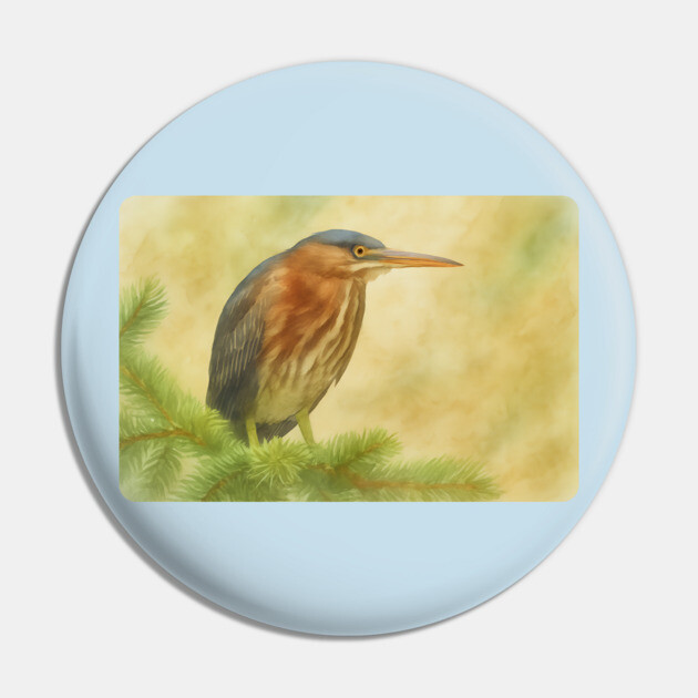 Green Heron Pin by DonWillisJrArt