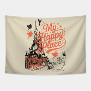 My Happy Place Welcome Home Castle Vintage Retro Design Tapestry