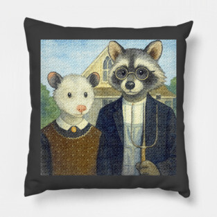 Critter Gothic - American Gothic Parody with Racoon and Possum Pillow