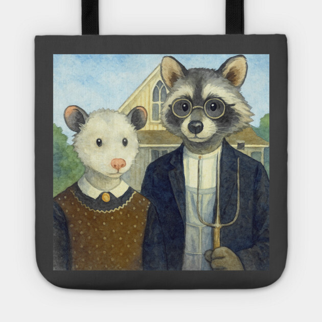 Critter Gothic - American Gothic Parody with Racoon and Possum Tote by DonWillisJrArt
