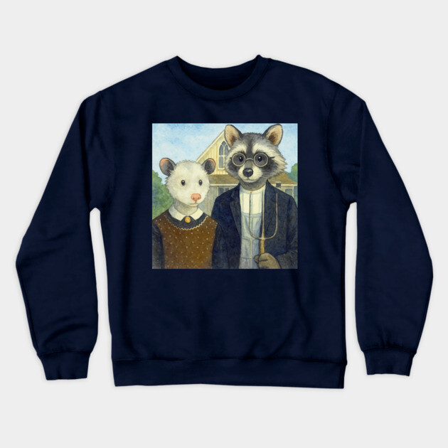 Critter Gothic - American Gothic Parody with Racoon and Possum Crewneck Sweatshirt by DonWillisJrArt