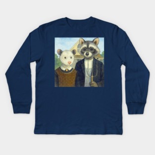 Critter Gothic - American Gothic Parody with Racoon and Possum Kids Long Sleeve T-Shirt