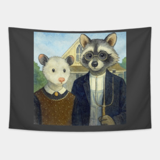 Critter Gothic - American Gothic Parody with Racoon and Possum Tapestry