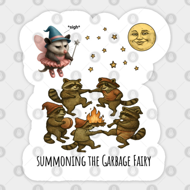 Funny Dancing Racoons Summoning The Garbage Fairy possum Sticker by Luxinda