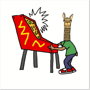 Funny Llama Playing Pinball Cartoon Posters and Art