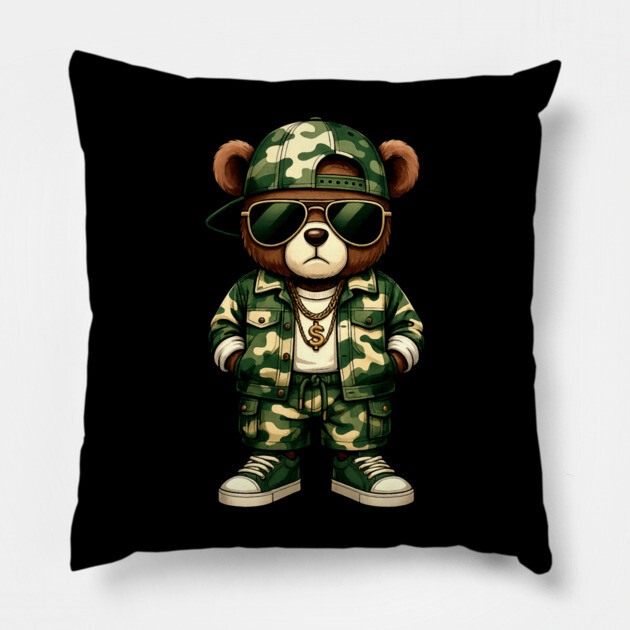 Hip Hop Teddy Bear Camouflage Pillow by UrbanLifeApparel