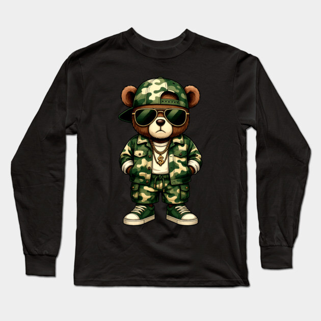 Hip Hop Teddy Bear Camouflage Long Sleeve T-Shirt by UrbanLifeApparel
