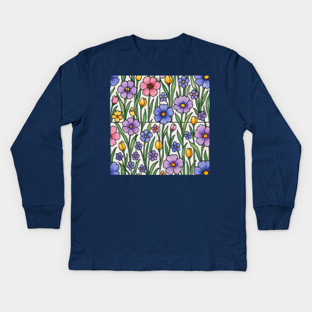 Stained Glass Inspired Wildflowers Kids Long Sleeve T-Shirt by DonWillisJrArt