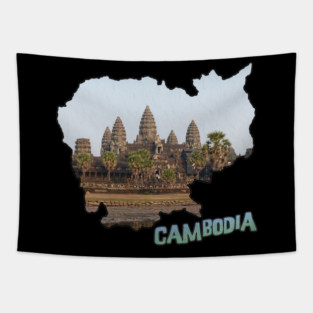 Cambodia Outline with Angkor Wat Tapestry