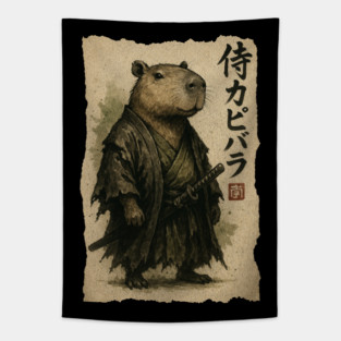 Retro Vintage Japanese ink art, samurai Capybara illustration Tapestry