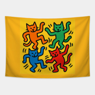 Funny Keith haring - Dancing Cats - Retro 80s Keith Haring Vibe Tapestry