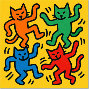Funny Keith haring - Dancing Cats - Retro 80s Keith Haring Vibe Posters and Art