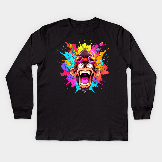Crazy Funky Angry Monkey Kids Long Sleeve T-Shirt by Atomic Prophet