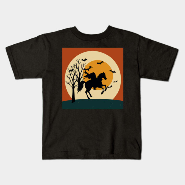 Headless Horseman Halloween Night – Vintage Spooky Sunset Scene Kids T-Shirt by DonWillisJrArt