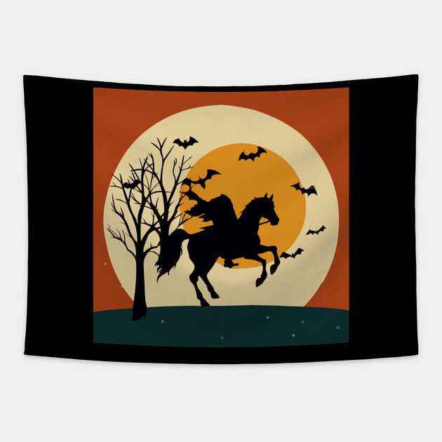 Headless Horseman Halloween Night – Vintage Spooky Sunset Scene Tapestry by DonWillisJrArt