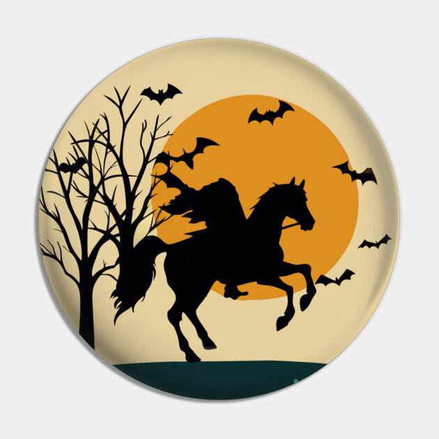 Headless Horseman Halloween Night – Vintage Spooky Sunset Scene Pin by DonWillisJrArt