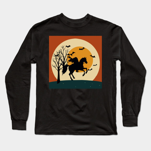 Headless Horseman Halloween Night – Vintage Spooky Sunset Scene Long Sleeve T-Shirt by DonWillisJrArt