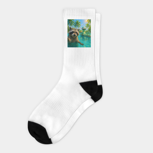 Cute Raccoon Selfie with Alien in Swimming Pool funny Socks by Luxinda