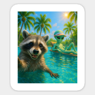 Cute Raccoon Selfie with Alien in Swimming Pool funny Magnet