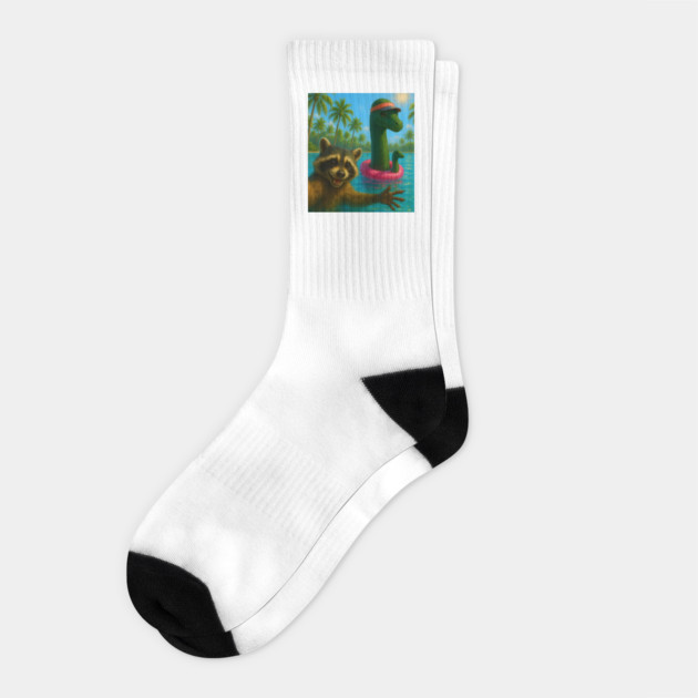 Cute Raccoon Selfie with Loch Ness Monster in swimming pool Socks by Luxinda