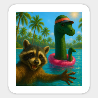 Cute Raccoon Selfie with Loch Ness Monster in swimming pool Sticker