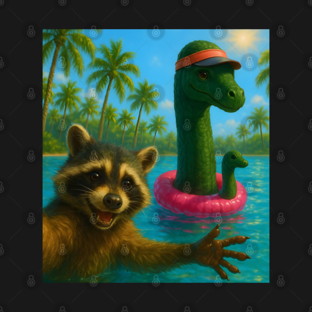 Cute Raccoon Selfie with Loch Ness Monster in swimming pool by Luxinda