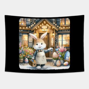 Easter Rabbit Innkeeper Welcomes Guests. Easter-Themed Inn Tapestry